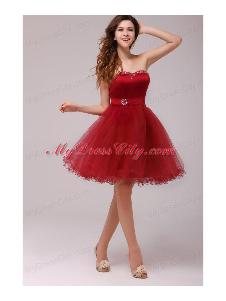 A-line Wine Red Sweetheart Beading Knee-length Prom Dress