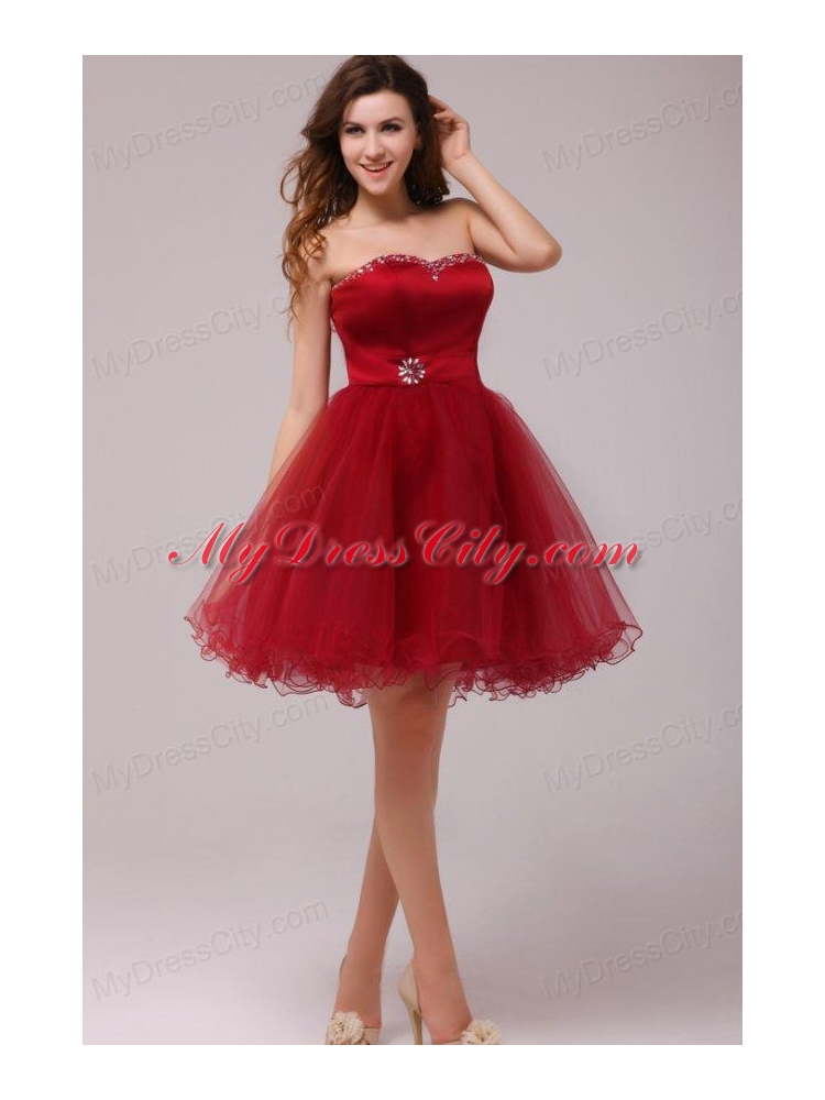 A-line Wine Red Sweetheart Beading Knee-length Prom Dress