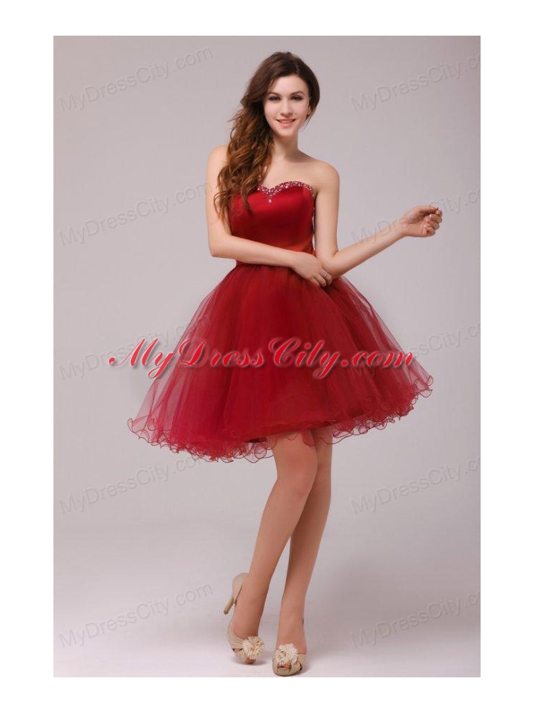 A-line Wine Red Sweetheart Beading Knee-length Prom Dress