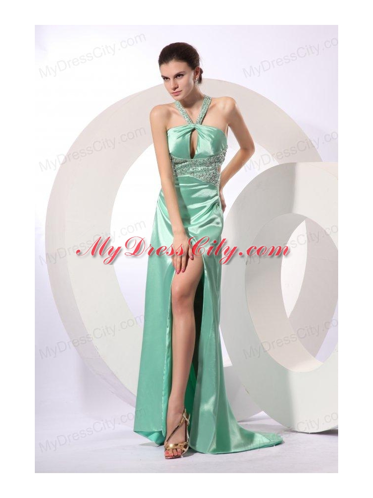 Apple Green Column Brush Train Beading Elegant Criss Cross Elastic Woven Satin  Prom Dress with Halter