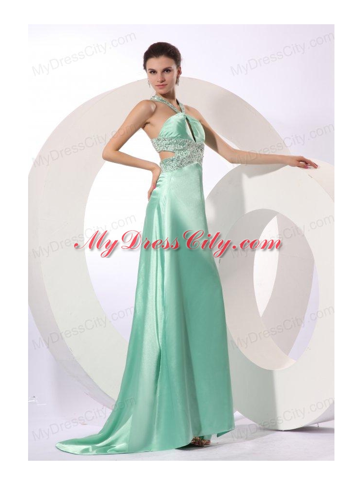 Apple Green Column Brush Train Beading Elegant Criss Cross Elastic Woven Satin  Prom Dress with Halter