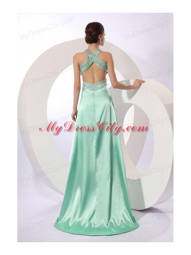 Apple Green Column Brush Train Beading Elegant Criss Cross Elastic Woven Satin  Prom Dress with Halter