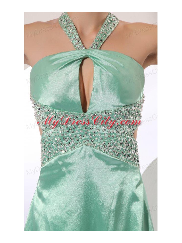 Apple Green Column Brush Train Beading Elegant Criss Cross Elastic Woven Satin  Prom Dress with Halter