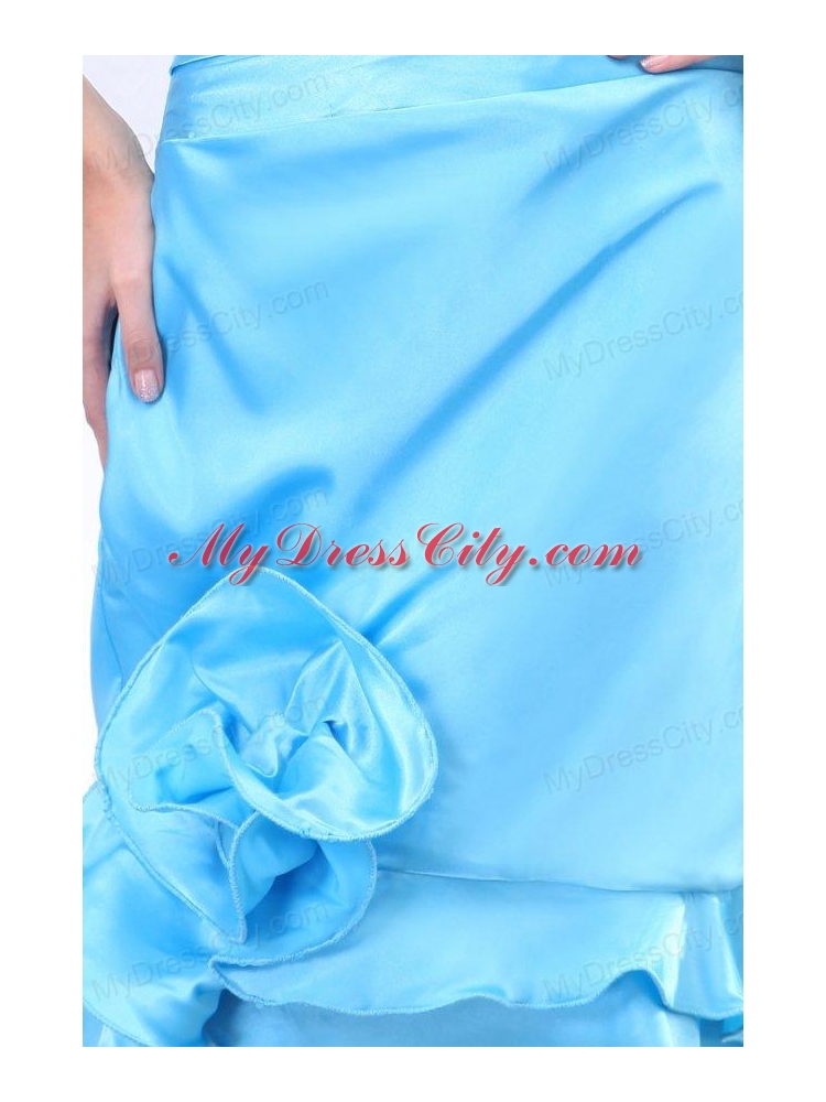 Baby Blue Halter Top Ruching Hand Made Flowers Prom Dress