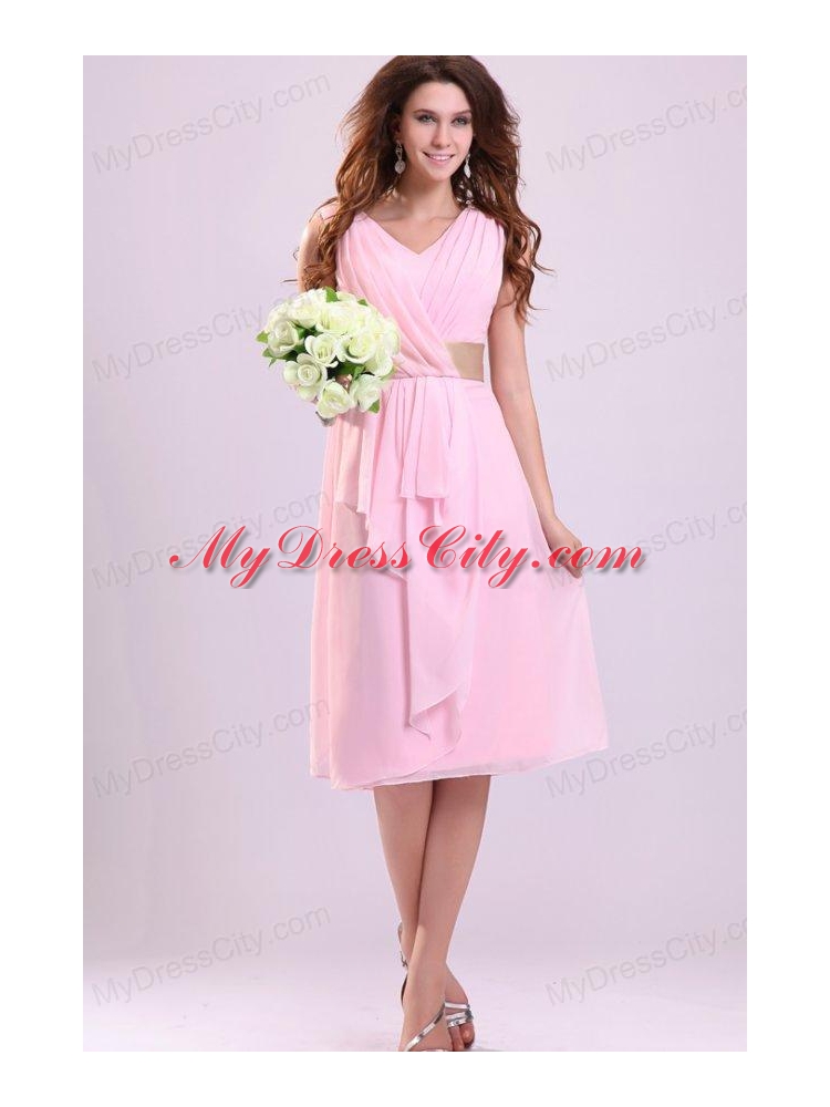 Baby Pink Empire V-neck Chiffon Prom Dress with Ruches