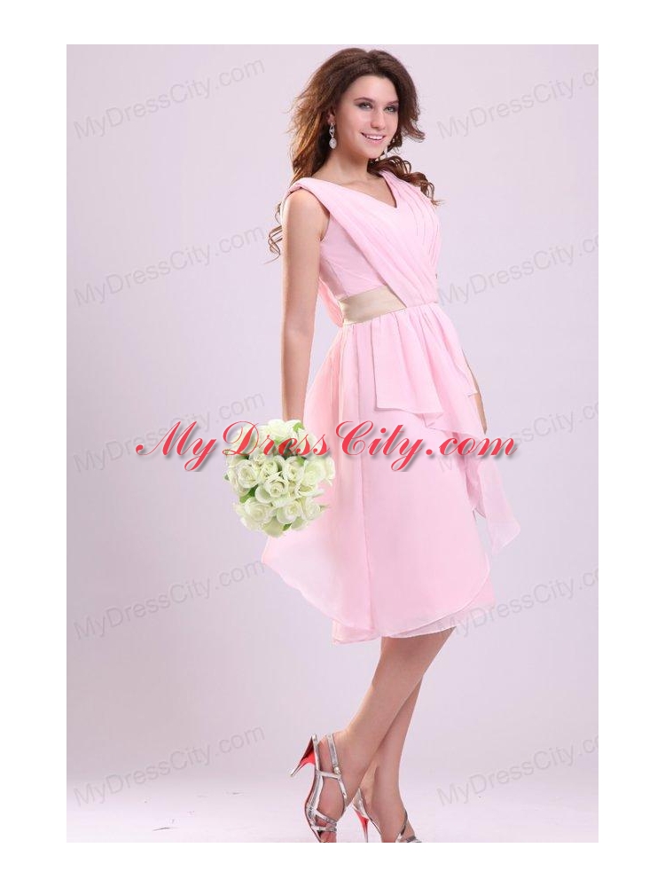 Baby Pink Empire V-neck Chiffon Prom Dress with Ruches