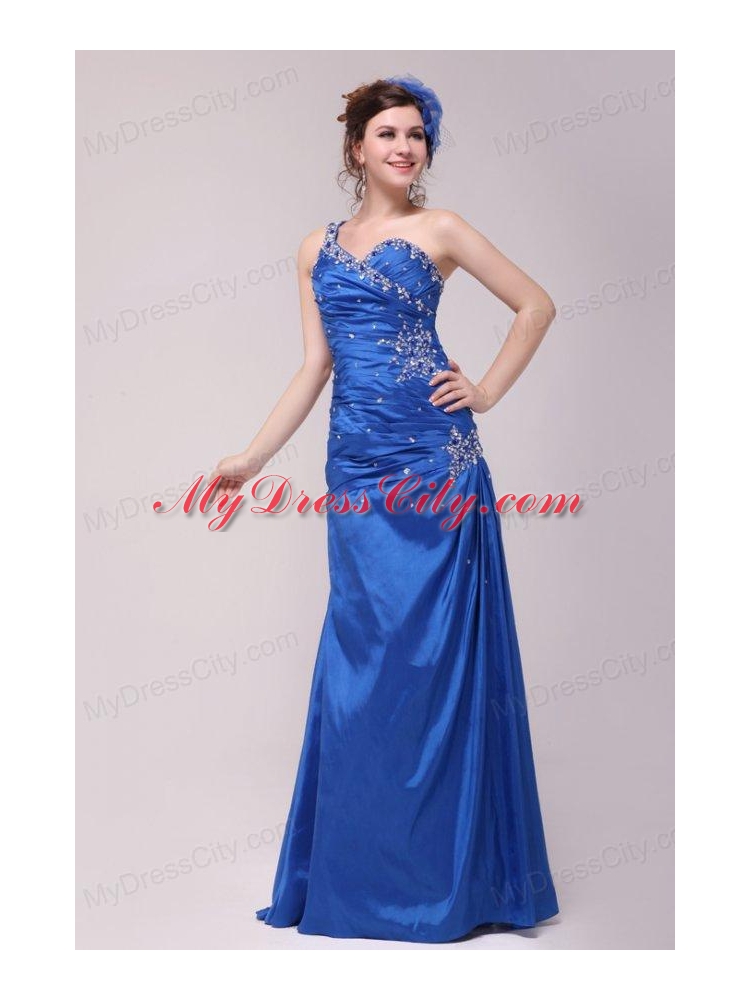 Cheap Column One Shoulder Blue Floor-length Beading Prom Dress