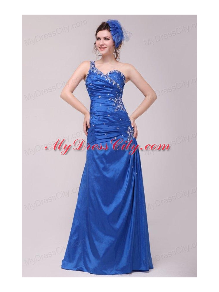 Cheap Column One Shoulder Blue Floor-length Beading Prom Dress