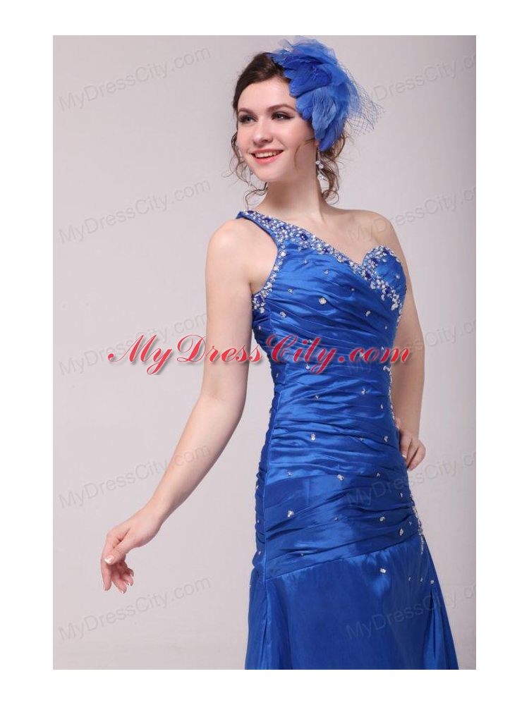 Cheap Column One Shoulder Blue Floor-length Beading Prom Dress