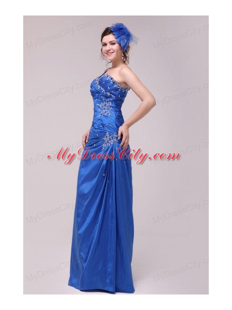 Cheap Column One Shoulder Blue Floor-length Beading Prom Dress