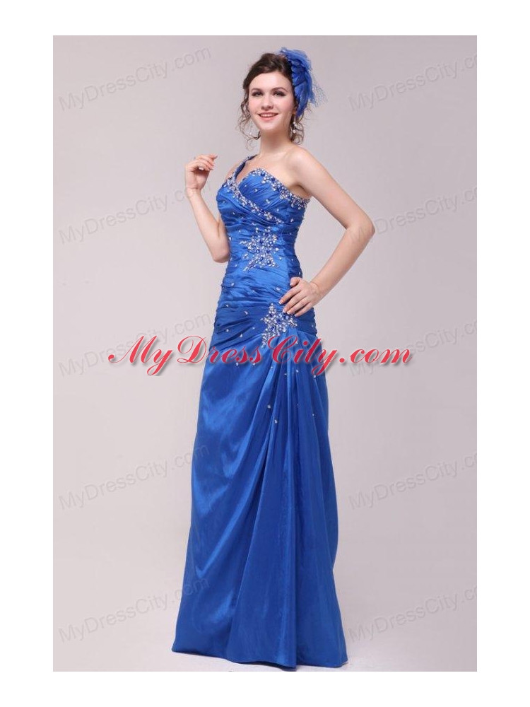 Cheap Column One Shoulder Blue Floor-length Beading Prom Dress