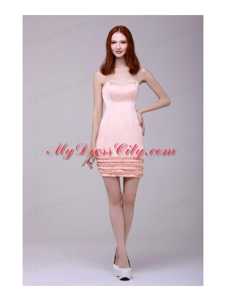 Column Baby Pink Strapless Appliques Mini-length Prom Dress