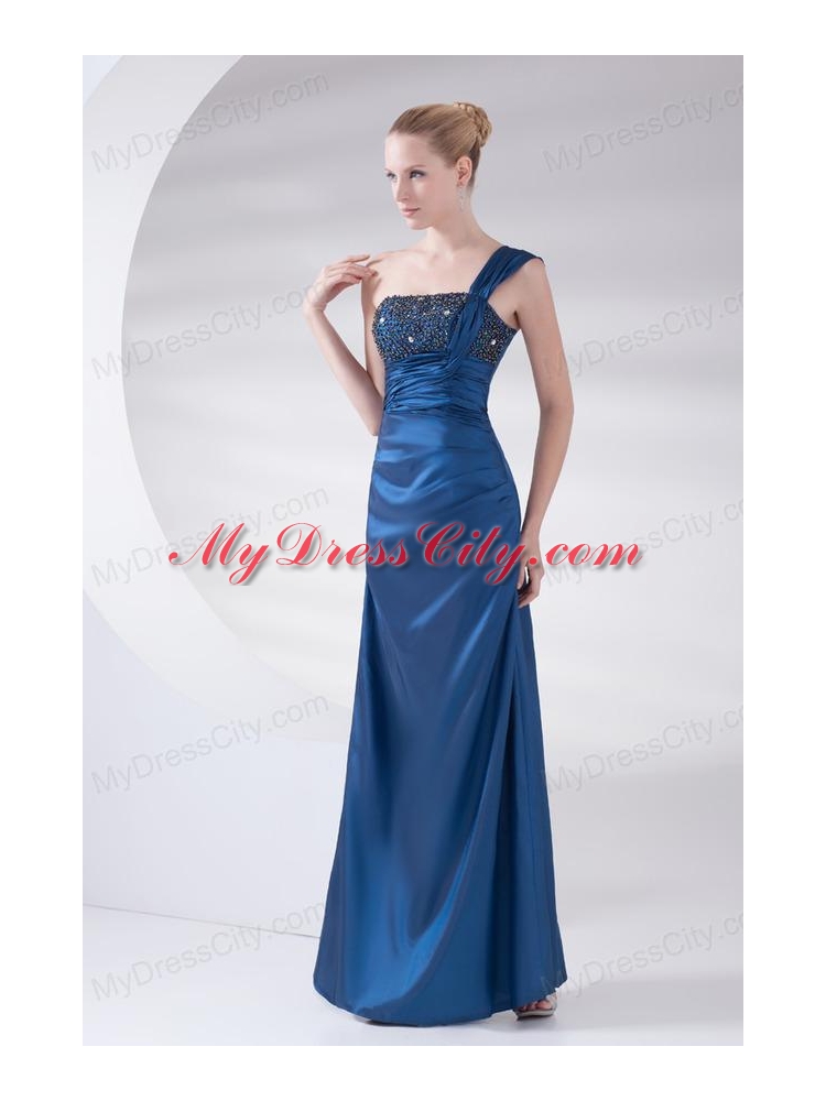 Column Navy Blue Beading and Ruching Beading Taffeta Prom Dress