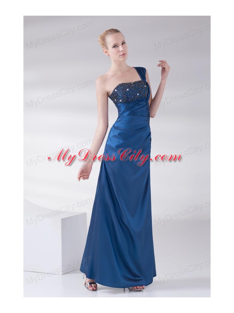 Column Navy Blue Beading and Ruching Beading Taffeta Prom Dress