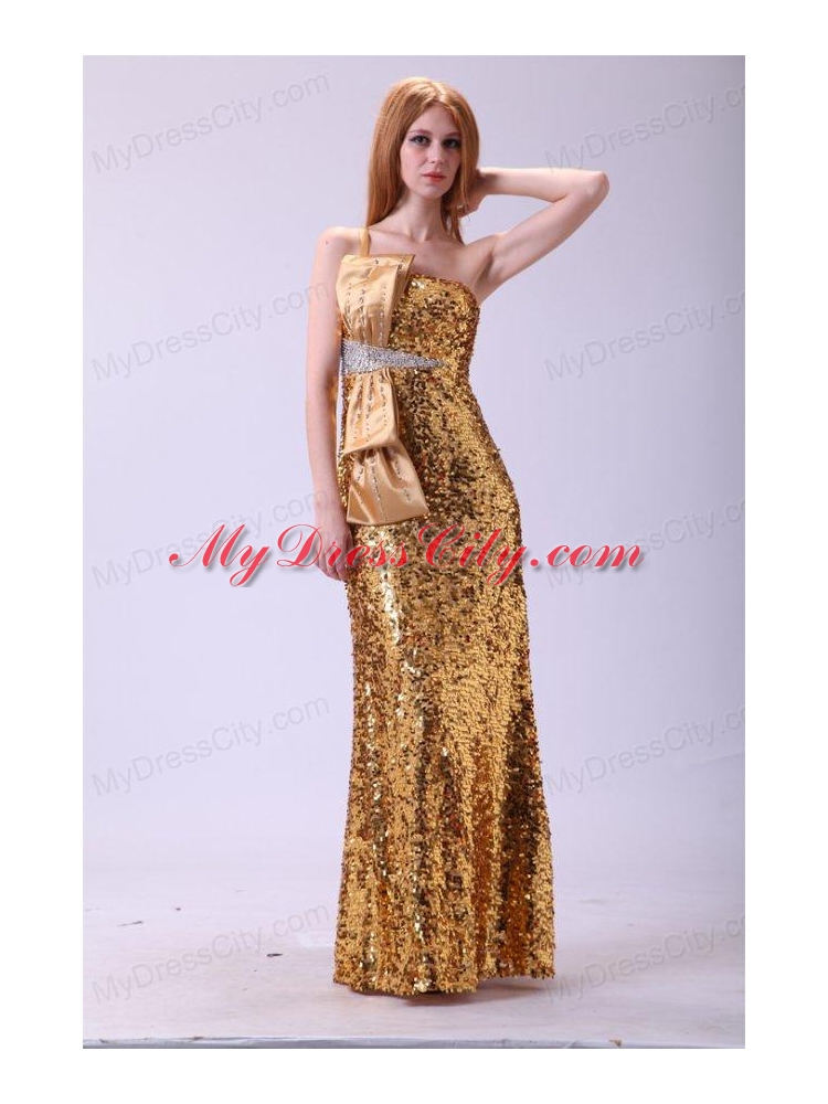 Column One Shoulder Floor-length Sequins Champagne Bowknot Prom Dress