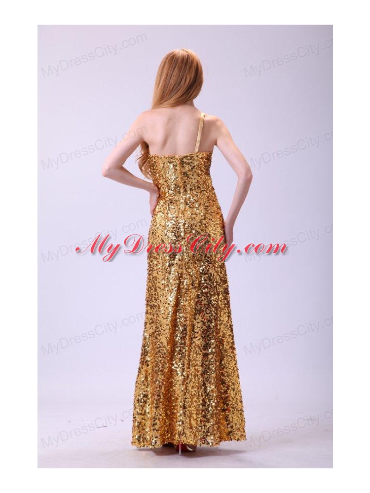 Column One Shoulder Floor-length Sequins Champagne Bowknot Prom Dress