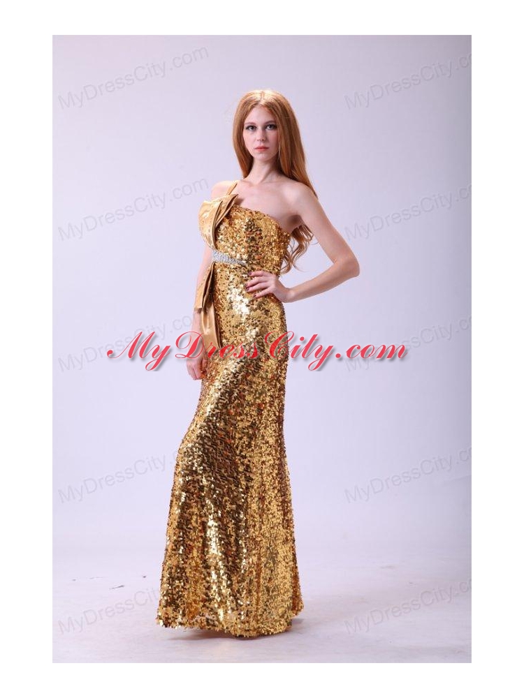 Column One Shoulder Floor-length Sequins Champagne Bowknot Prom Dress