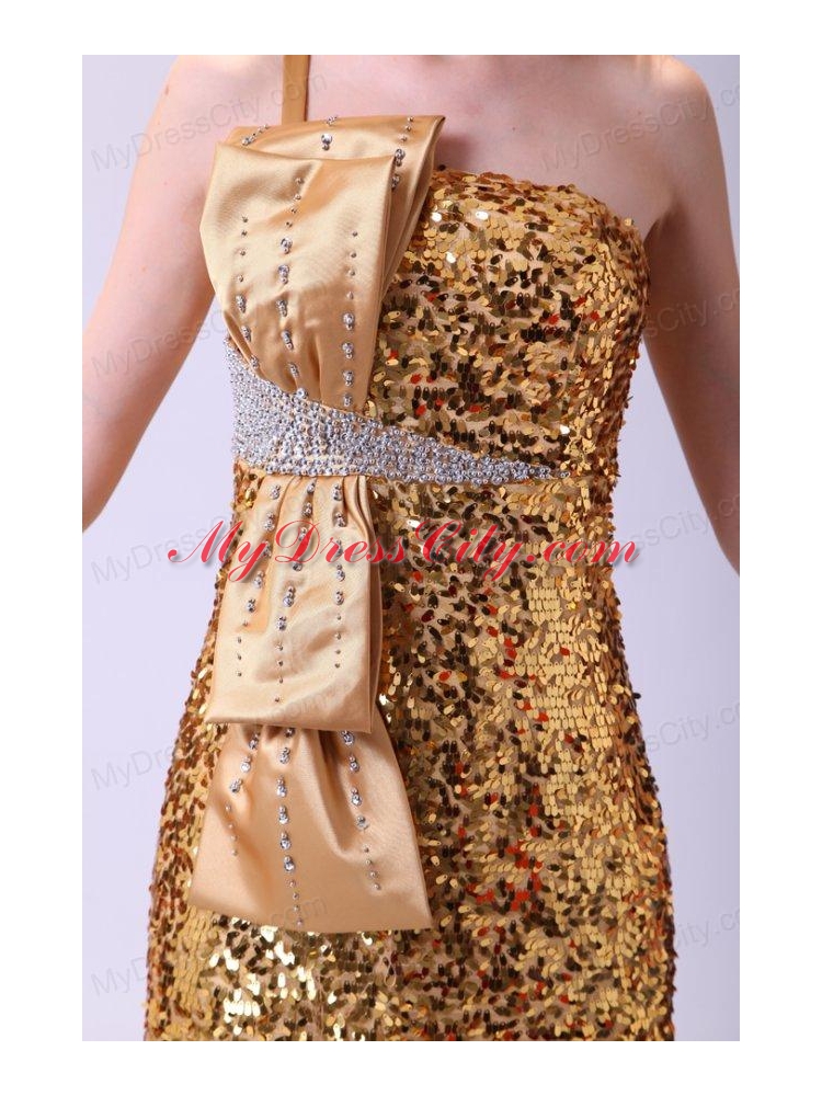 Column One Shoulder Floor-length Sequins Champagne Bowknot Prom Dress