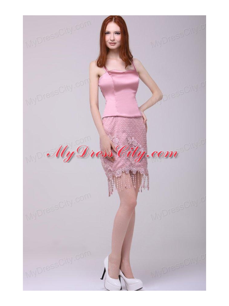 Column Rose Pink Spaghetti Straps Lace Satin Prom Dress