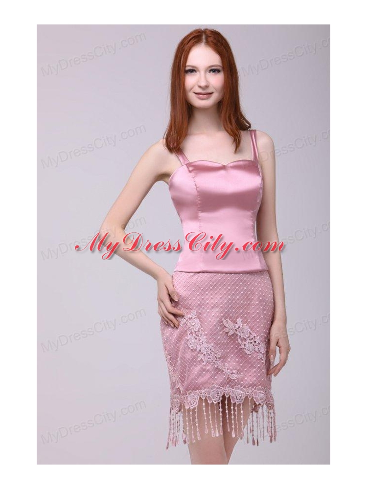 Column Rose Pink Spaghetti Straps Lace Satin Prom Dress