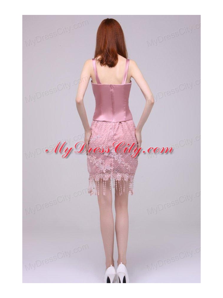 Column Rose Pink Spaghetti Straps Lace Satin Prom Dress