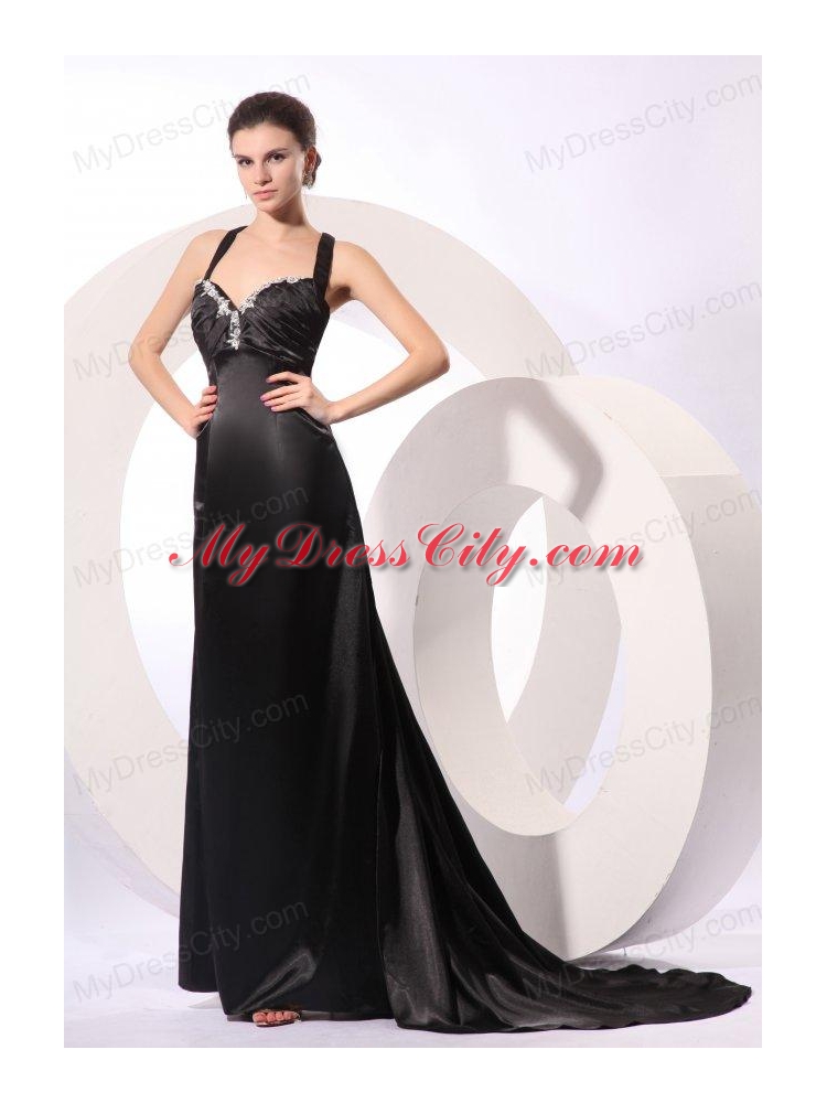 Column Straps Black Elastic Woven Satin Criss Cross Prom Dress with Beading