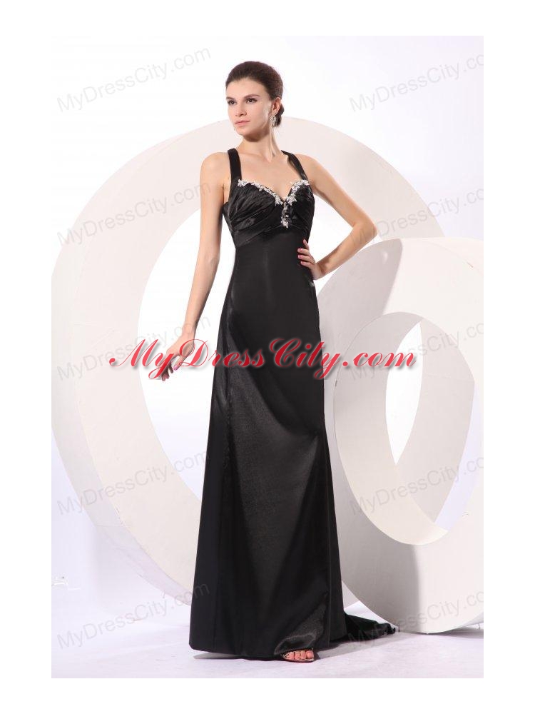 Column Straps Black Elastic Woven Satin Criss Cross Prom Dress with Beading