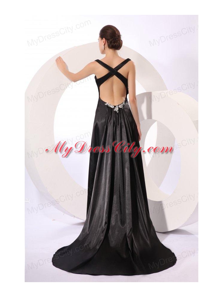 Column Straps Black Elastic Woven Satin Criss Cross Prom Dress with Beading