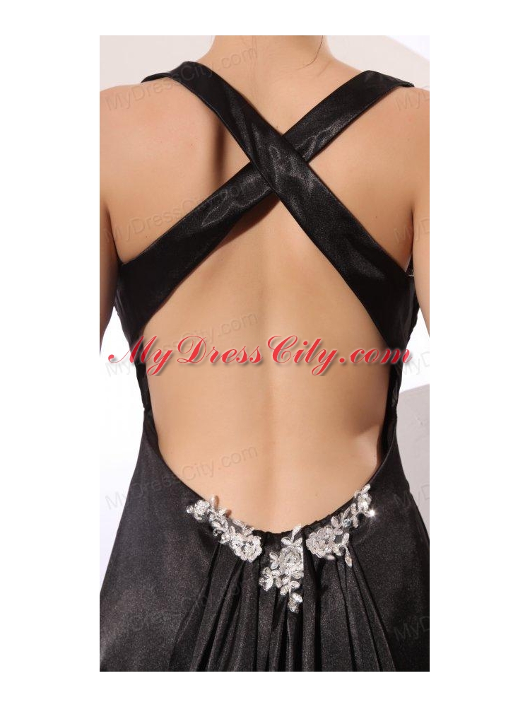 Column Straps Black Elastic Woven Satin Criss Cross Prom Dress with Beading