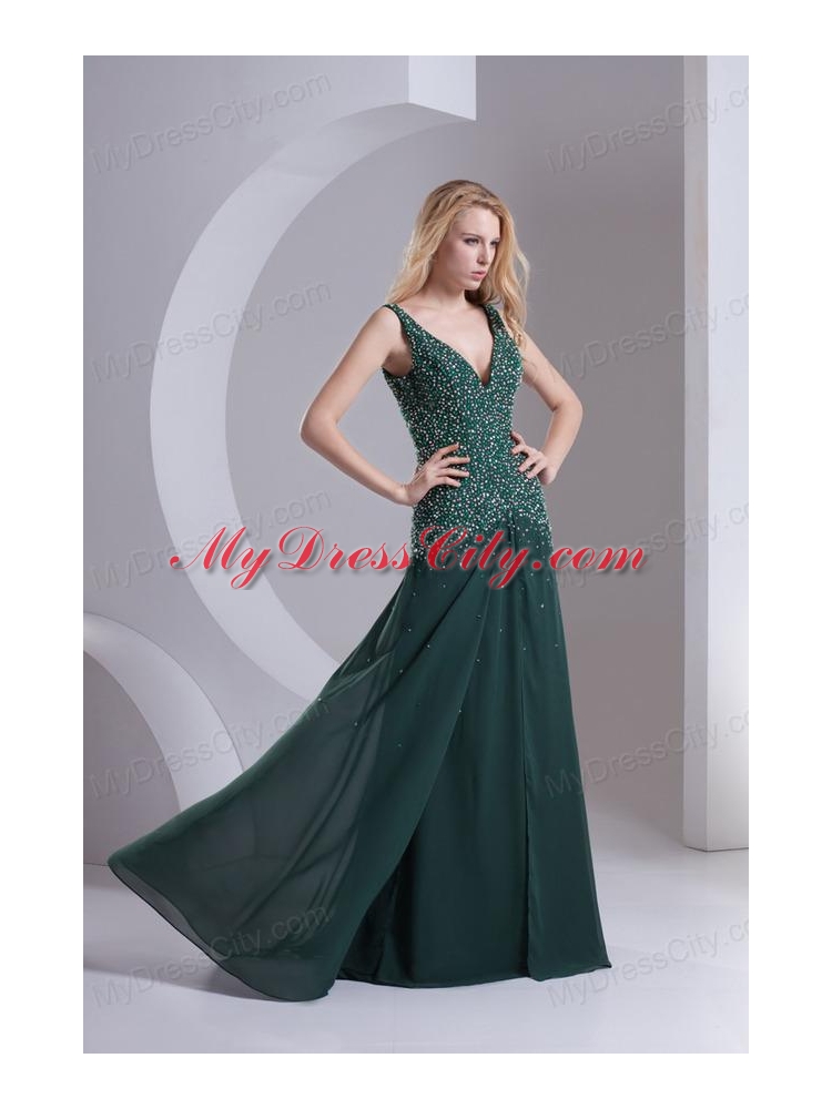 Column V-neck Chiffon Beading Dark Slate Gray Prom Dress