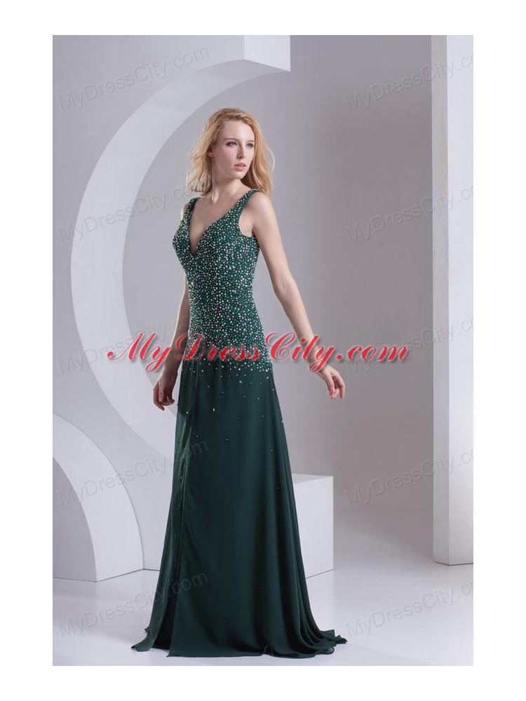 Column V-neck Chiffon Beading Dark Slate Gray Prom Dress