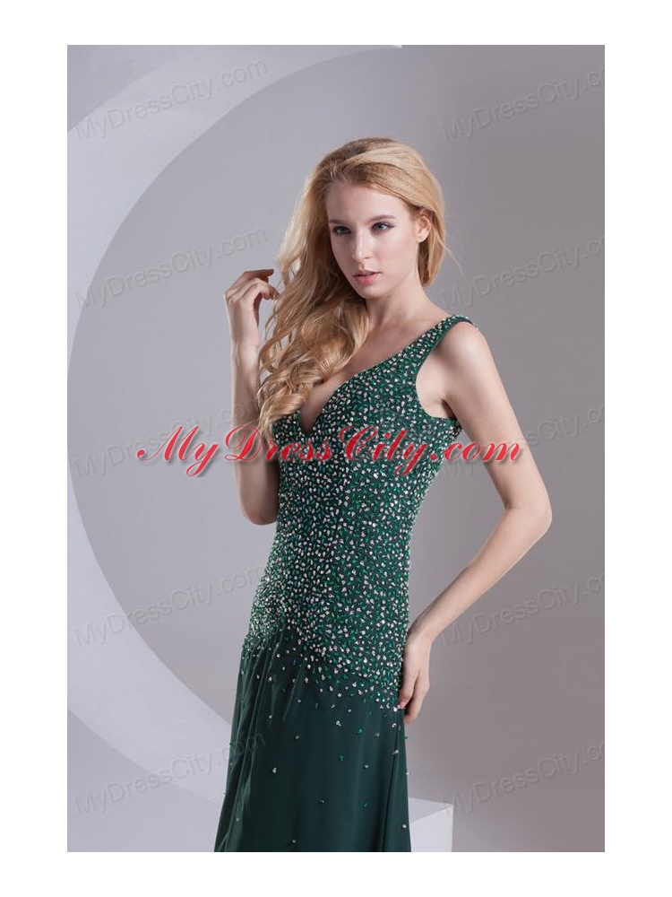 Column V-neck Chiffon Beading Dark Slate Gray Prom Dress