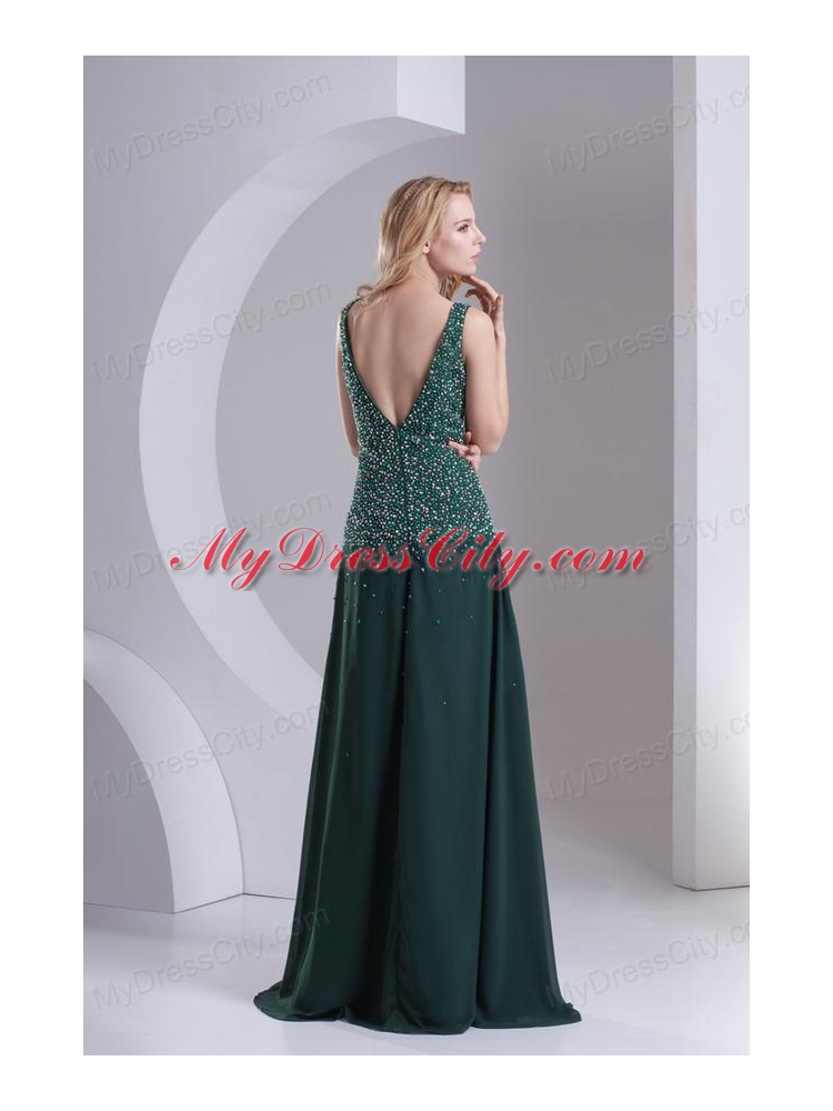 Column V-neck Chiffon Beading Dark Slate Gray Prom Dress