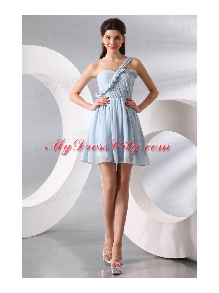 Cute Light Blue One Shoulder Ruching Mini-length Prom Cocktail Dress