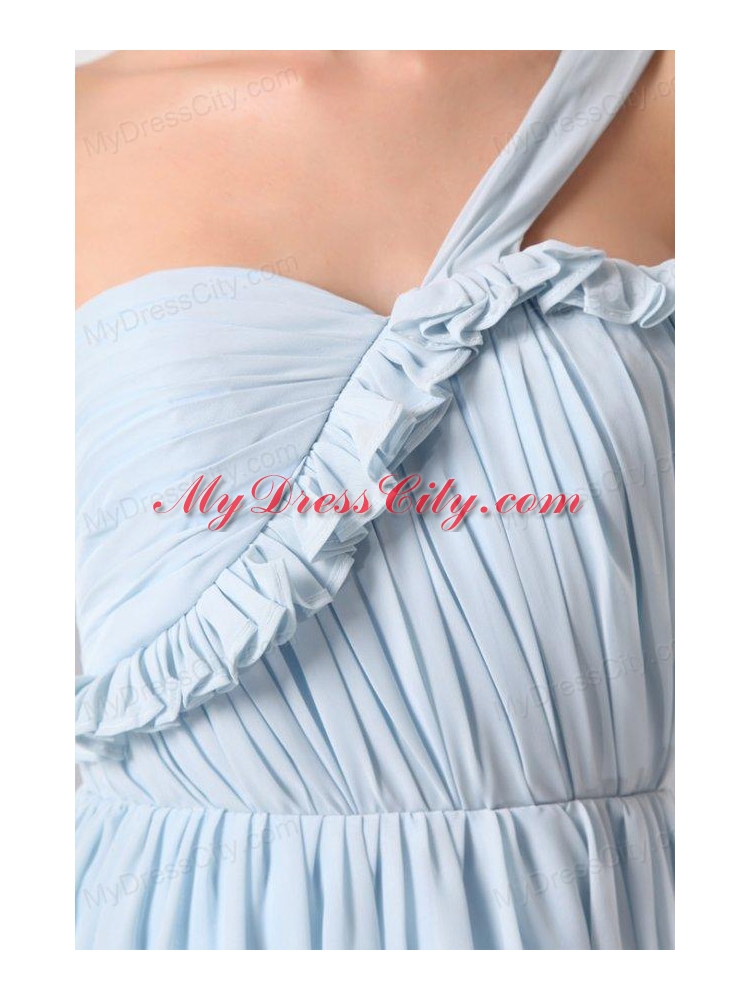 Cute Light Blue One Shoulder Ruching Mini-length Prom Cocktail Dress