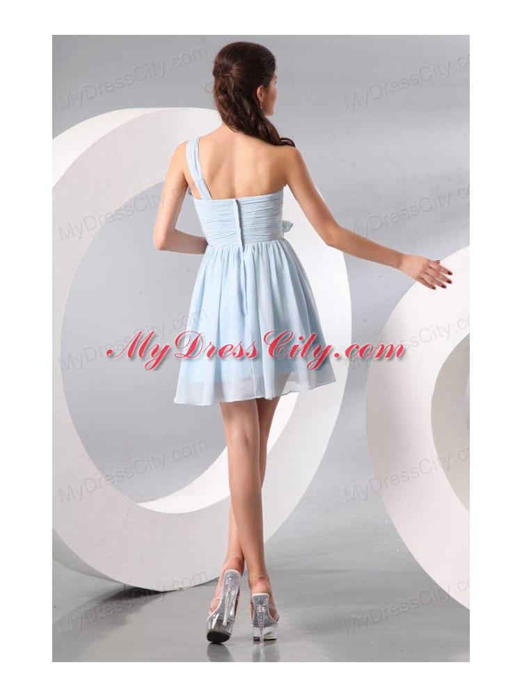 Cute Light Blue One Shoulder Ruching Mini-length Prom Cocktail Dress