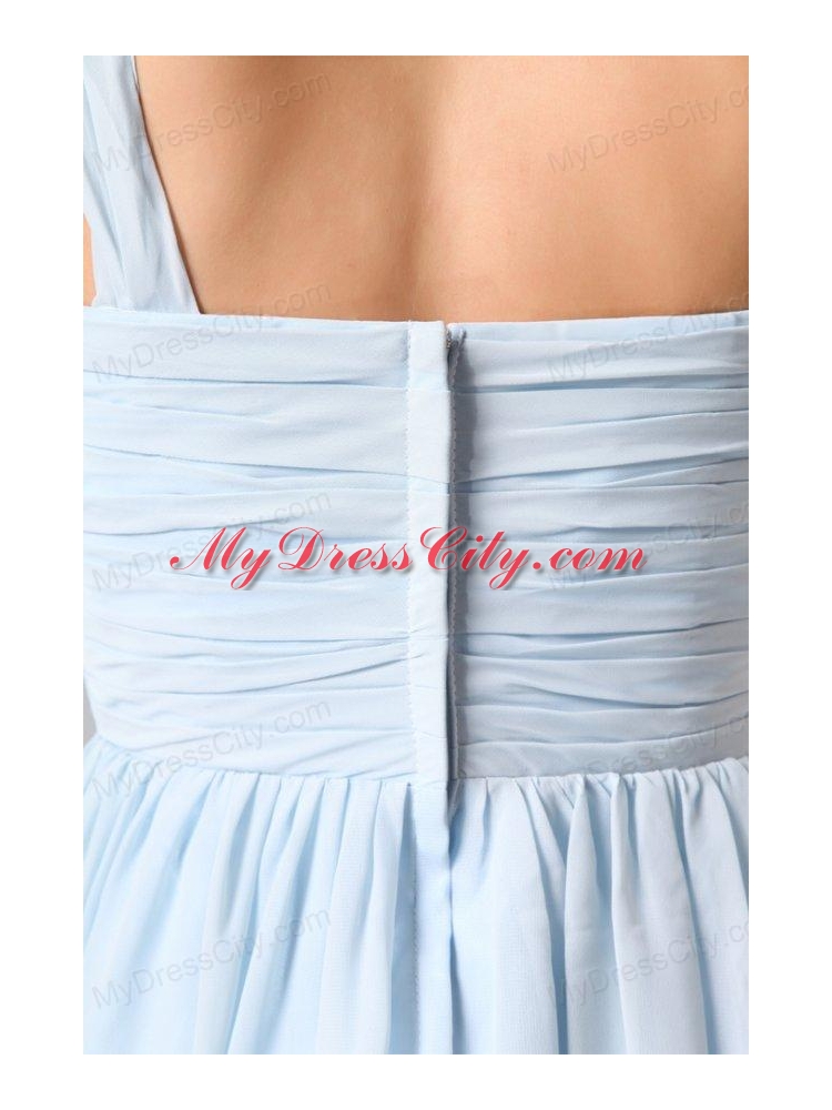 Cute Light Blue One Shoulder Ruching Mini-length Prom Cocktail Dress