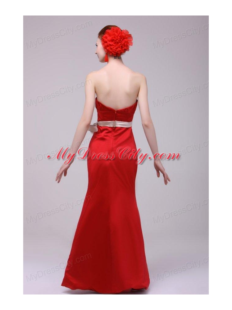 Elegant Column Strapless Taffeta Red Floor-length Prom Dress With Sashes