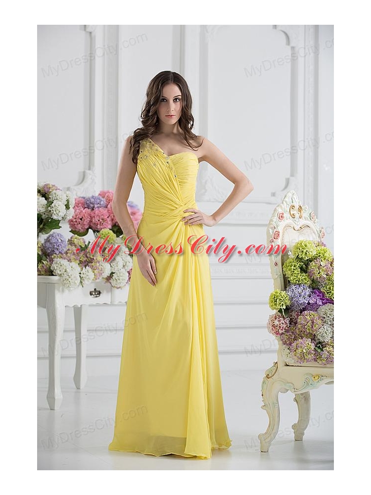 Empire One Shoulder Yellow Chiffon with Beading and Ruching Prom Dress