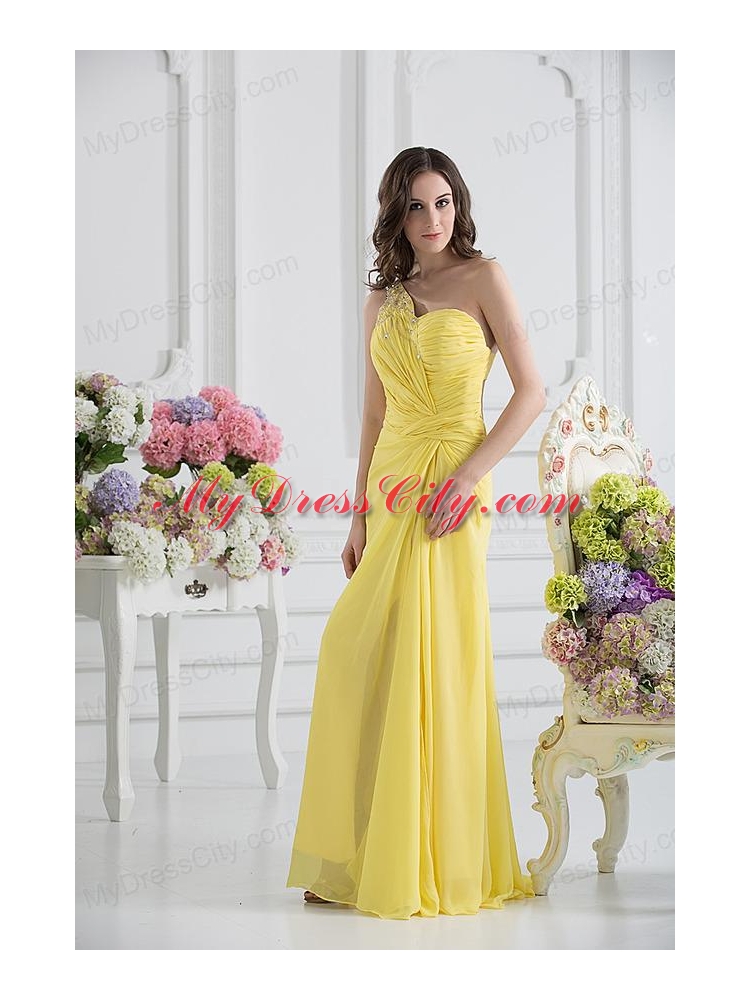 Empire One Shoulder Yellow Chiffon with Beading and Ruching Prom Dress