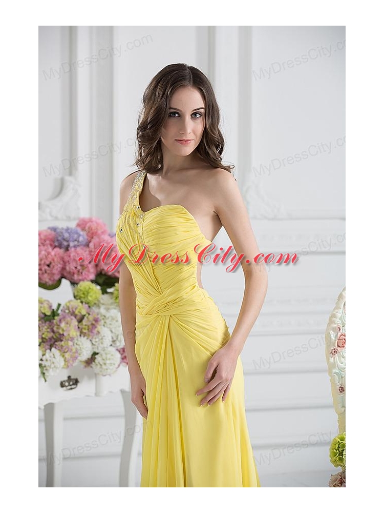 Empire One Shoulder Yellow Chiffon with Beading and Ruching Prom Dress