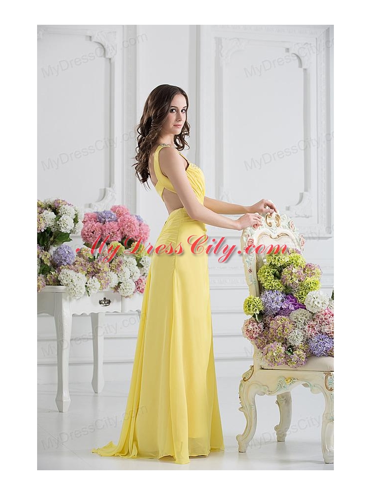 Empire One Shoulder Yellow Chiffon with Beading and Ruching Prom Dress