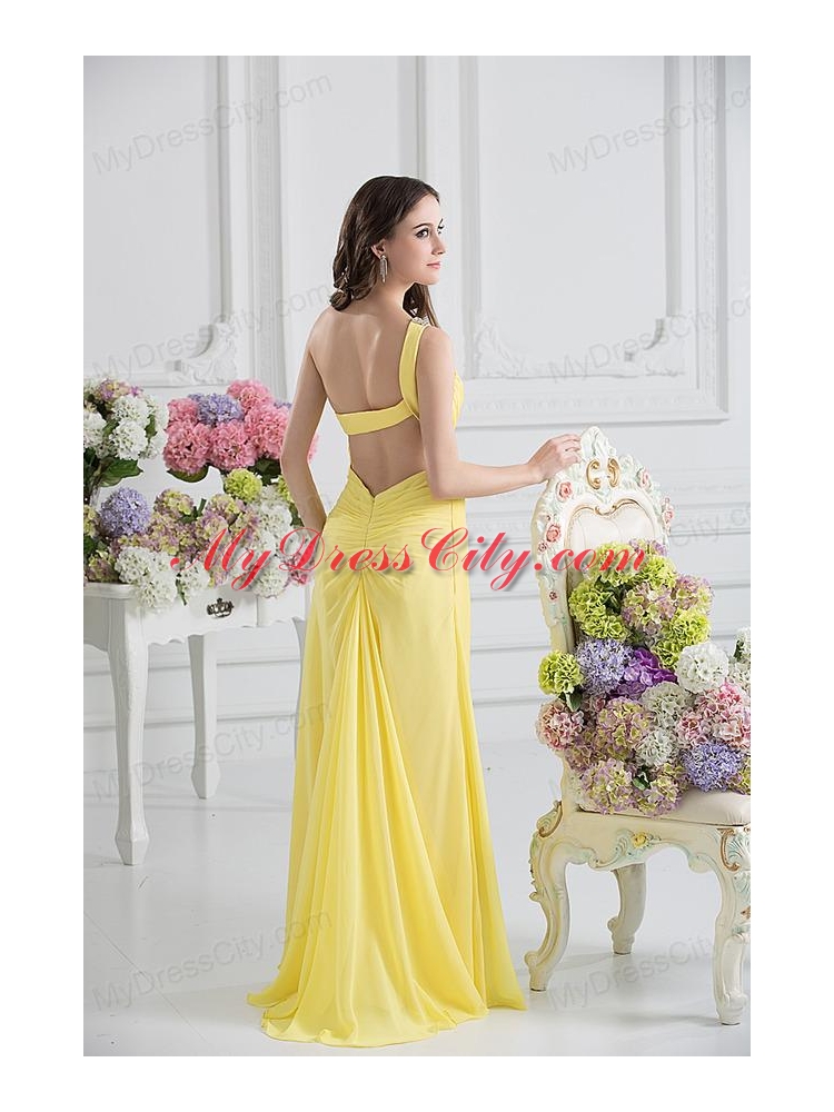 Empire One Shoulder Yellow Chiffon with Beading and Ruching Prom Dress