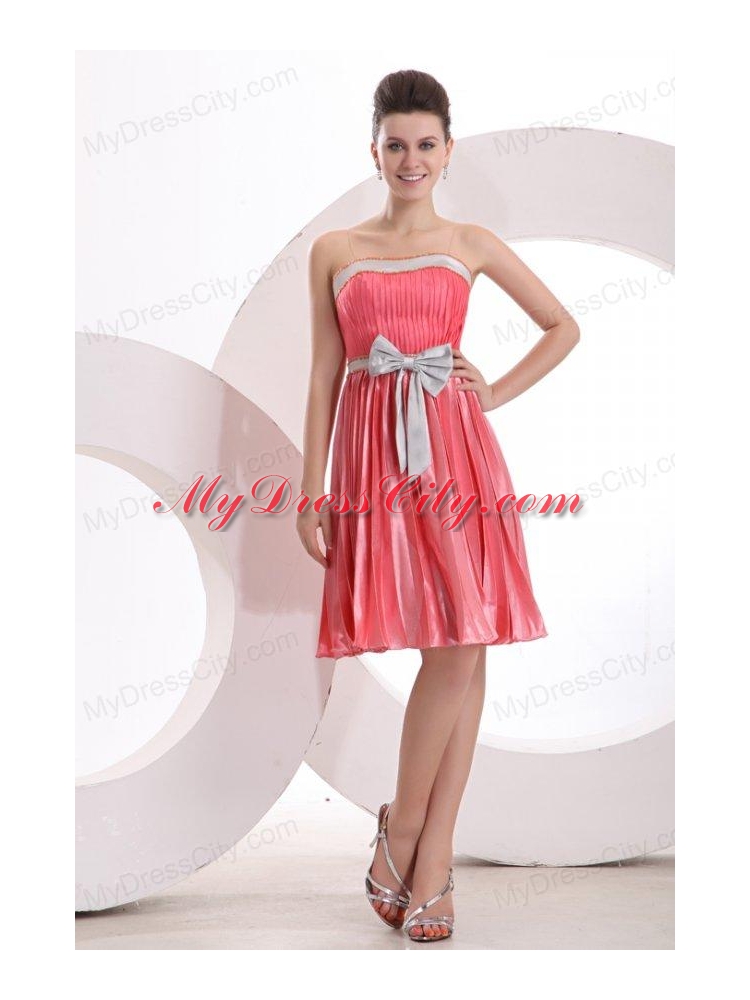 Empire Sashes and Pleats Strapless Watermelon Red Prom Dress