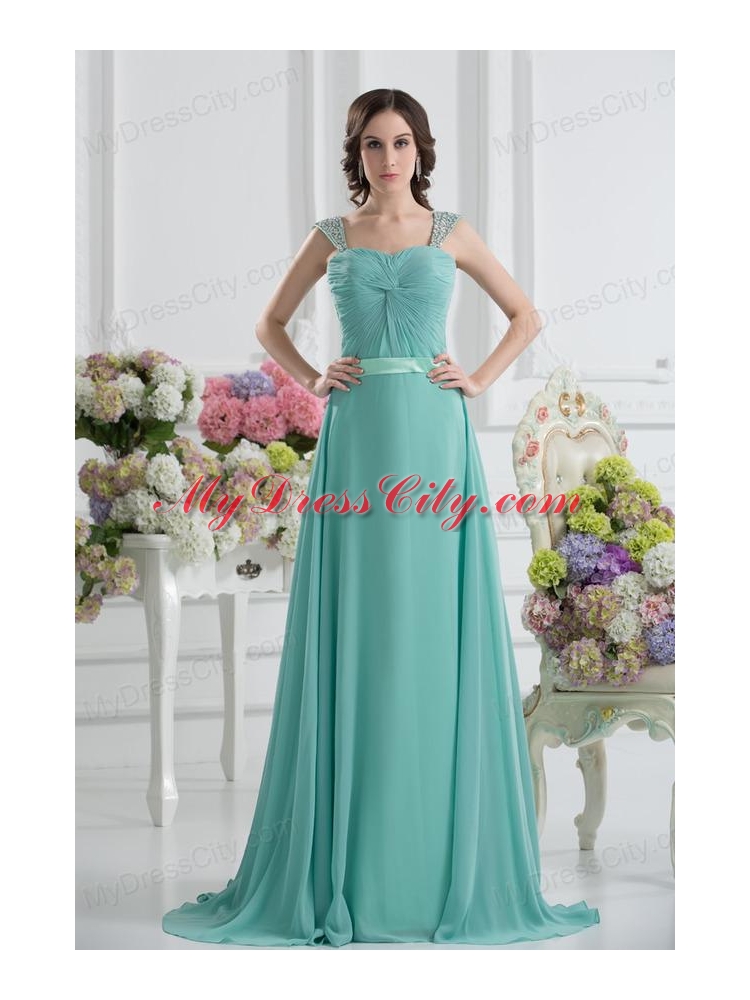 Empire Square Chiffon Beading Ruching Belt Mint Cream Prom Dress