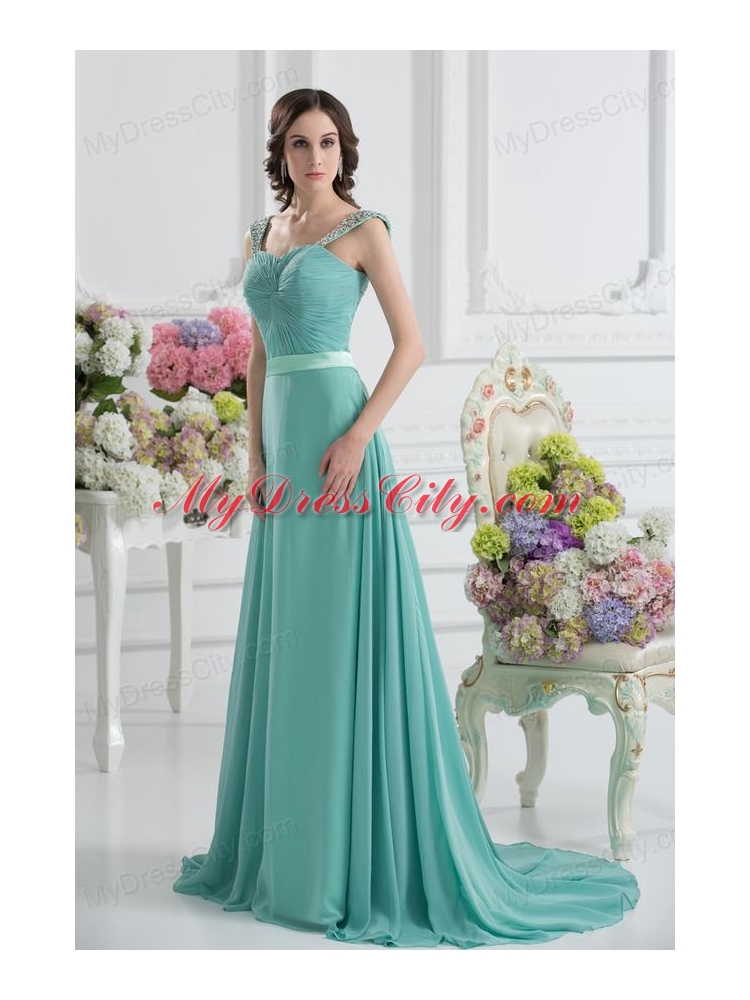 Empire Square Chiffon Beading Ruching Belt Mint Cream Prom Dress