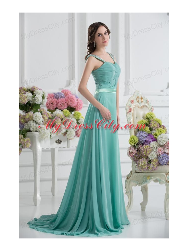 Empire Square Chiffon Beading Ruching Belt Mint Cream Prom Dress