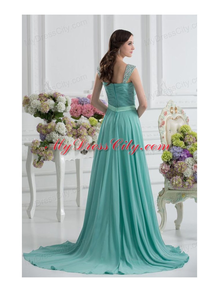 Empire Square Chiffon Beading Ruching Belt Mint Cream Prom Dress