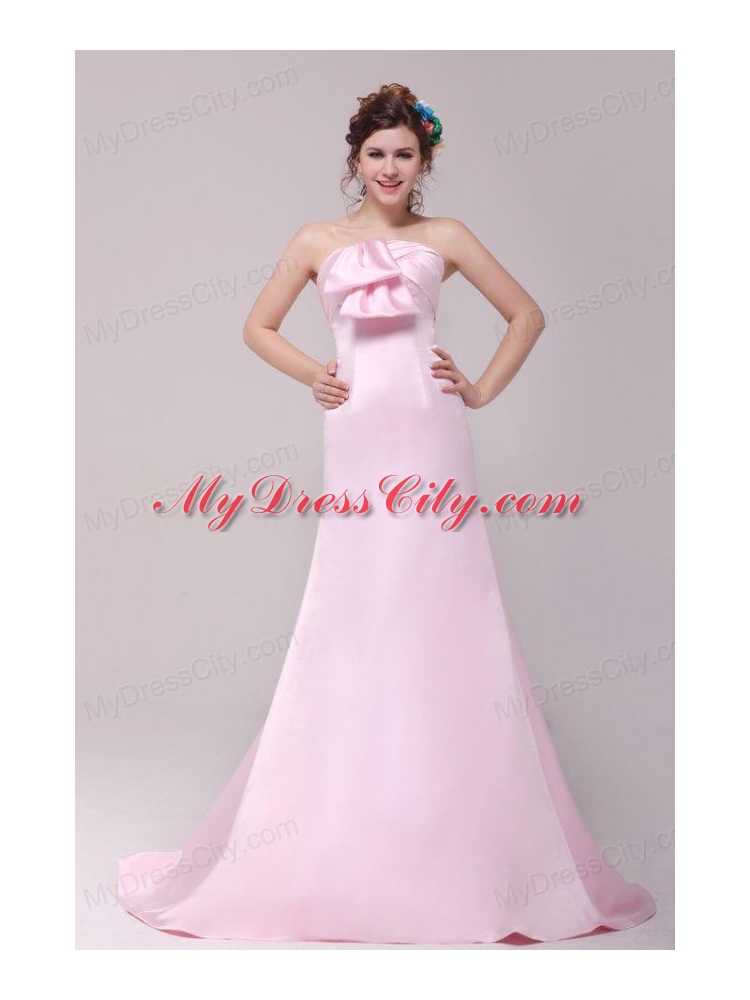 Formal 2014 Princess Strapless Bowknot Brush Train Prom Dress in Pink