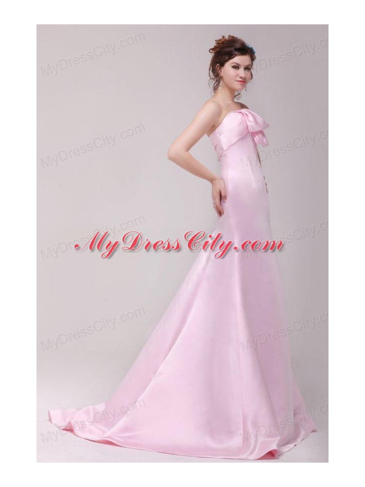 Formal 2014 Princess Strapless Bowknot Brush Train Prom Dress in Pink